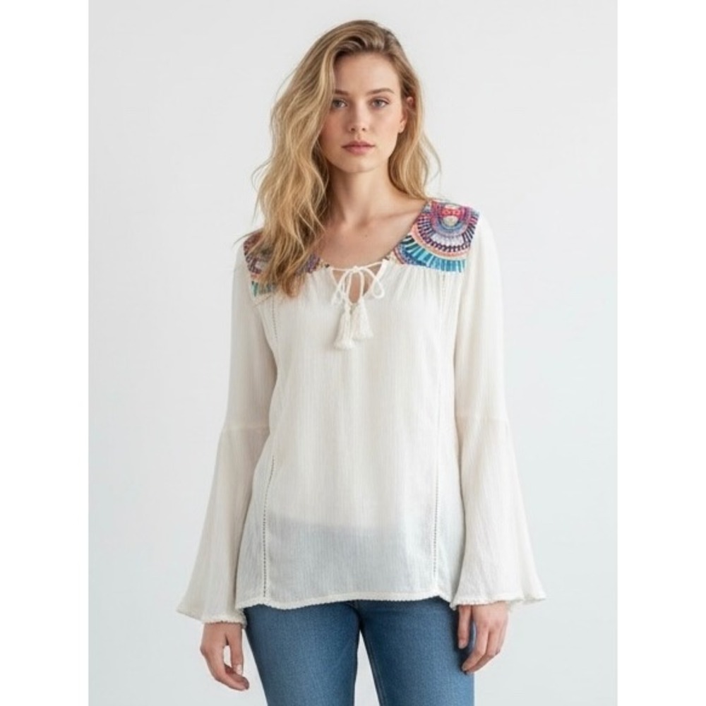 Billabong White Cotton Gauze Embroidered Bell Sleeve Tassel Top Medium